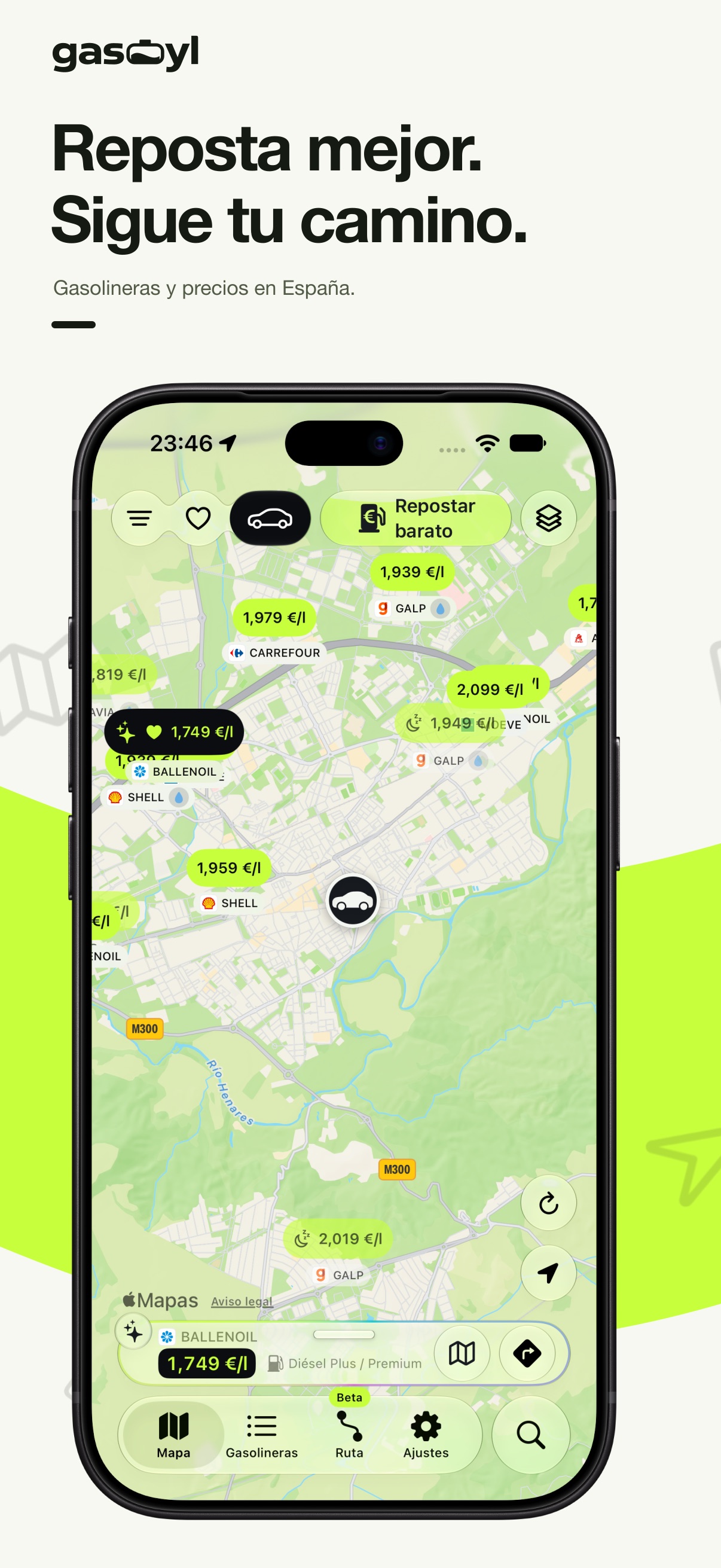 Composición ilustrativa de Gasoyl: Mapa con precios, recomendada y acceso a Repostar barato.