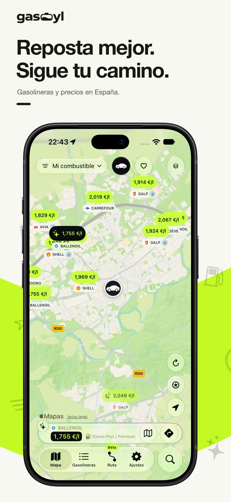 Composición de Gasoyl: Mapa de Gasoyl con precios y estación recomendada.