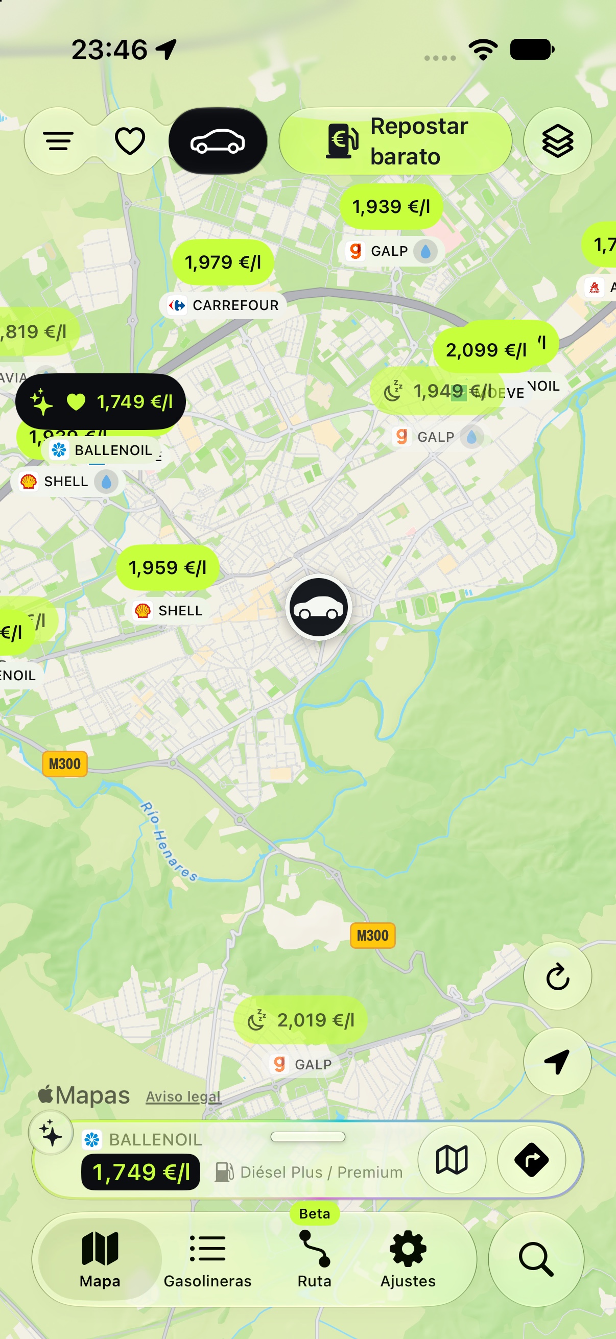Gasoyl en un iPhone 18 Pro: mapa actualizado con precios, estación recomendada y acceso a Repostar barato. Captura ilustrativa.