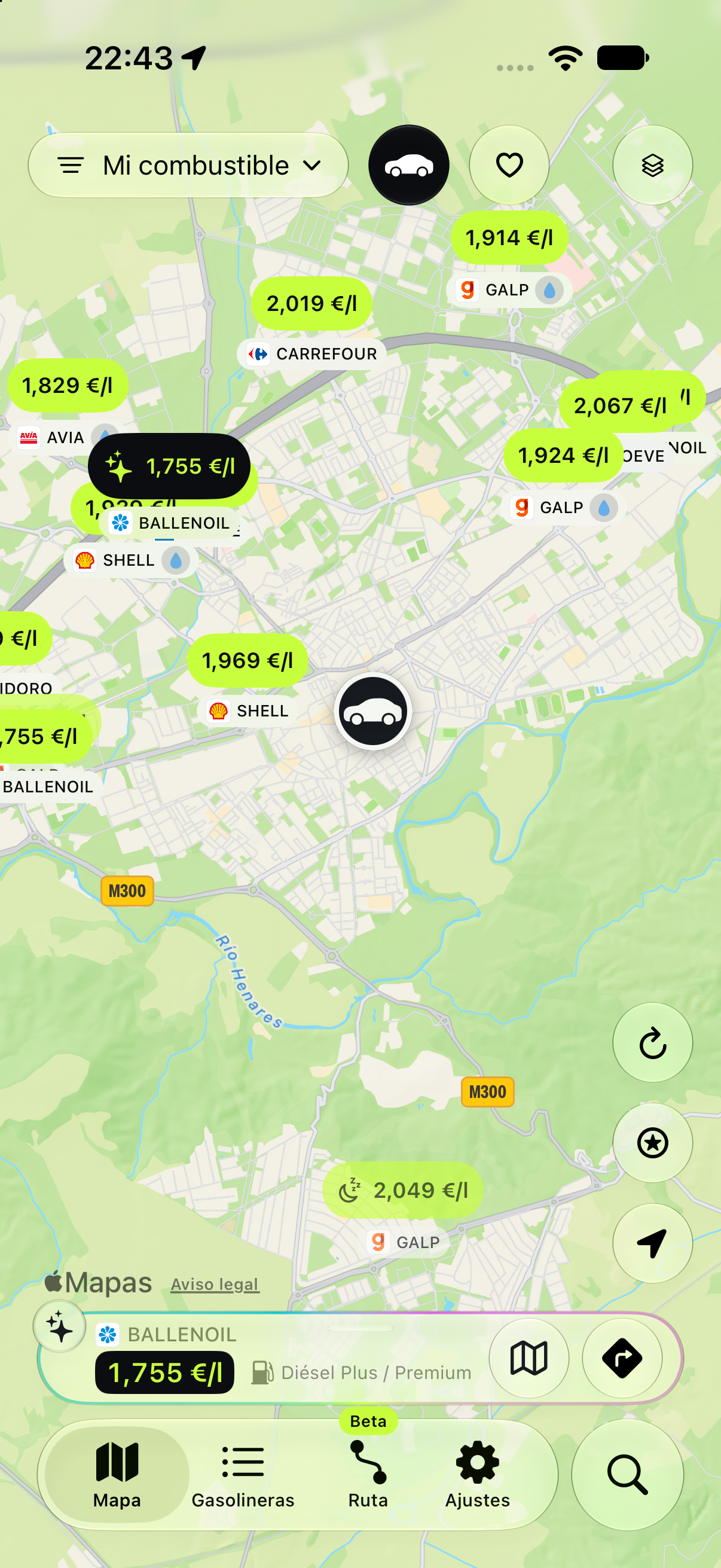 Gasoyl en un iPhone 18 Pro: mapa con precios y estación recomendada. Captura ilustrativa.
